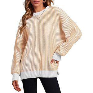 Women's Long Sleeve Ribbed Knit Pullover Khaki Casual Sweaters Blouse Top